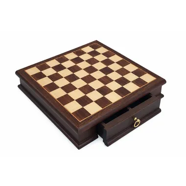 Mahogany and maple wood chess board with storage drawer