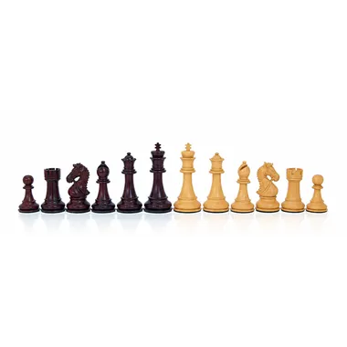 Staunton Supérieur chess set in rosewood burl, kings, queens and bishops lined up