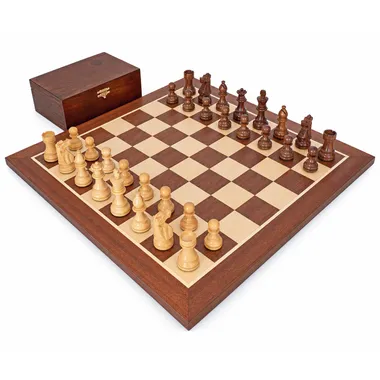 Complete French Knight chess set with mahogany board and birch box