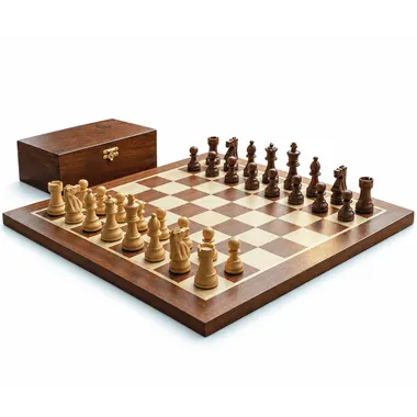 French Knight chess board set up on a wooden table beside breakfast
