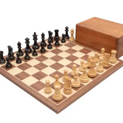 Competition Set: Walnut & Maple Wood Chess Board, Boxwood Chess Set & Golden Rosewood Storage Box