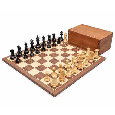 Competition set: walnut and maple chess board, boxwood pieces and rosewood box