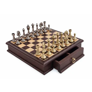 Staunton Mix III Set Chess Board in Mahogany and Maple Wood with Storage Compartment & Chess Set in Solid Metal