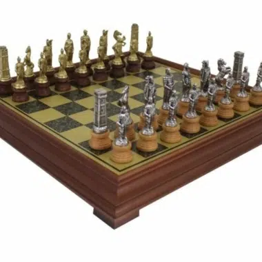 Romans vs Barbarians II Set Solid Wood Chess Board on Stand with Brass Effect & Metal and Solid Wood Chess Pieces