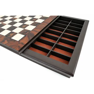 Open wooden chess board, detail of the internal storage compartments