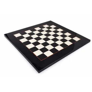 Black lacquered maple wood chess board, angled overall view