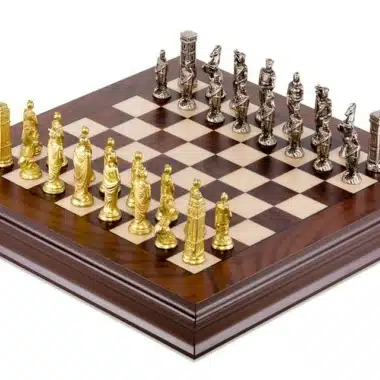Romans vs Barbarians III Set – Walnut and Maple Chess Board & Solid Metal Chess Set