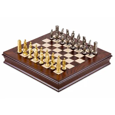 Complete Romans vs Barbarians III chess set on walnut and maple chessboard