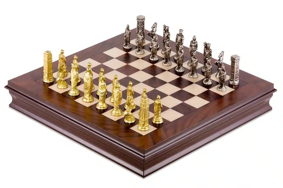 Romans vs Barbarians III Set – Walnut and Maple Chess Board & Solid Metal Chess Set