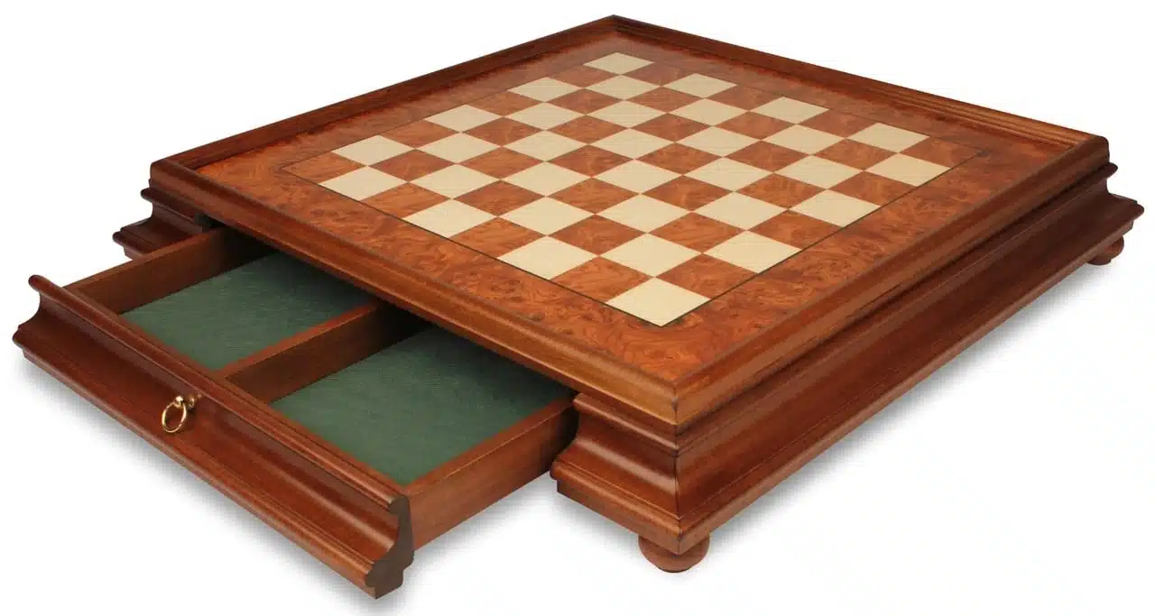 Oriental Elm Set – Standing Chess Board in Elm Wood with Storage Drawer & Chess Set in Solid Wood and Brass - Image 9