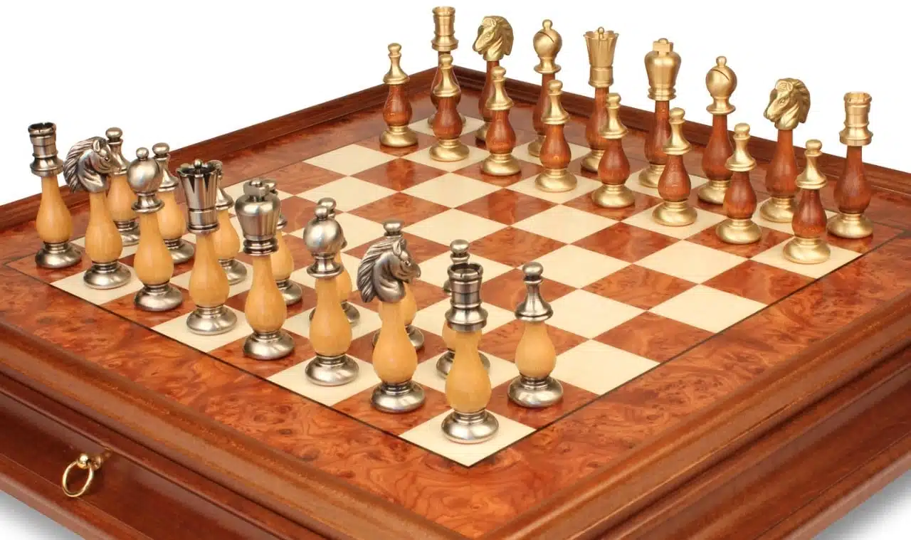 Oriental Elm Set – Standing Chess Board in Elm Wood with Storage Drawer & Chess Set in Solid Wood and Brass - Image 3