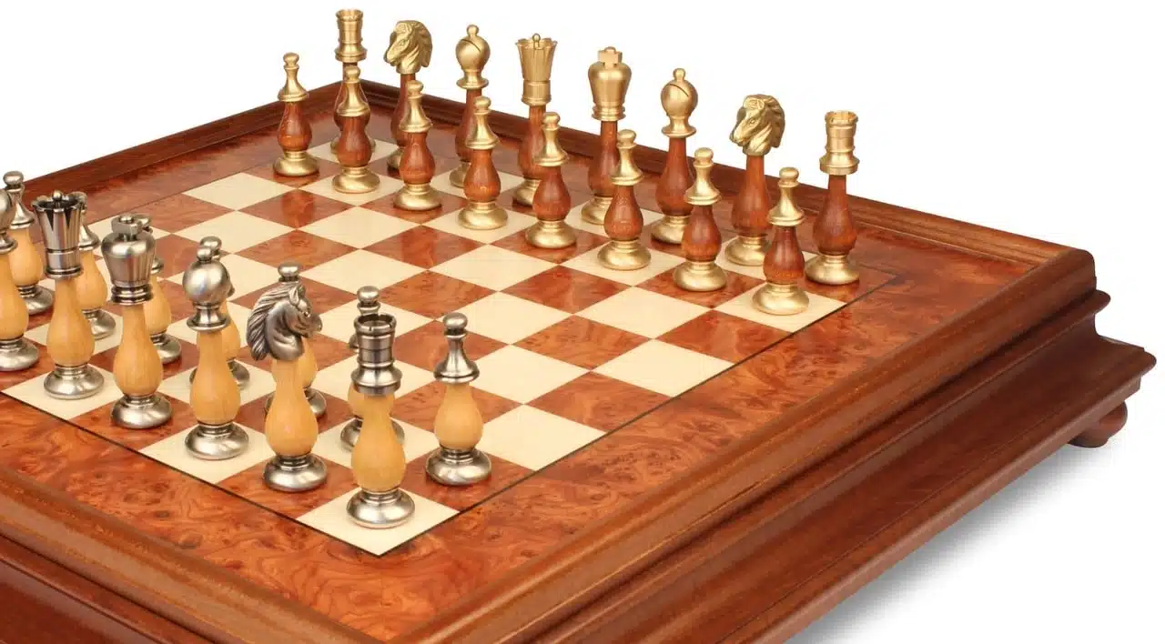 Oriental Elm Set – Standing Chess Board in Elm Wood with Storage Drawer & Chess Set in Solid Wood and Brass - Image 4