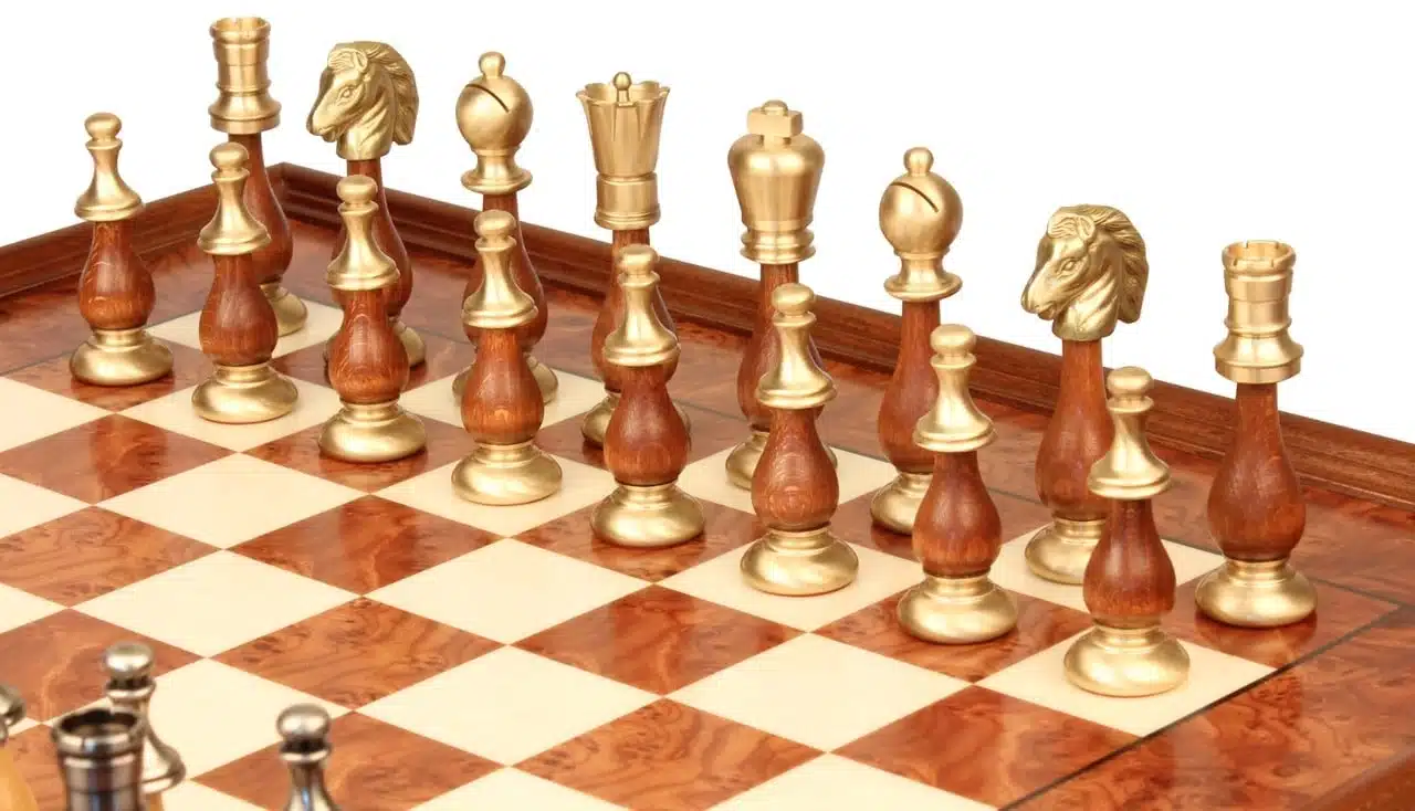 Oriental Elm Set – Standing Chess Board in Elm Wood with Storage Drawer & Chess Set in Solid Wood and Brass - Image 7