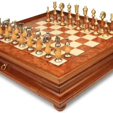 Oriental Elm Set – Standing Chess Board in Elm Wood with Storage Drawer & Chess Set in Solid Wood and Brass