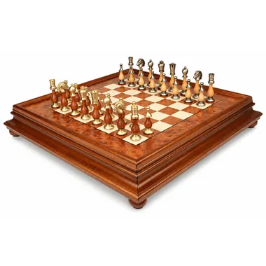 Solid brass pieces arranged on the elm wood board, overall view