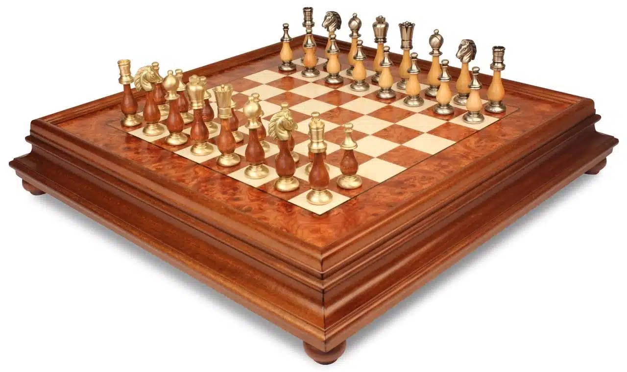 Oriental Elm Set – Standing Chess Board in Elm Wood with Storage Drawer & Chess Set in Solid Wood and Brass - Image 2