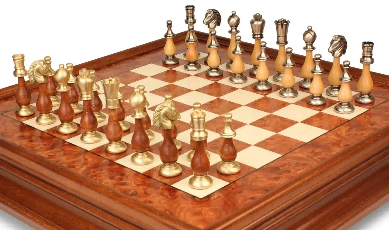 Oriental Elm Set – Standing Chess Board in Elm Wood with Storage Drawer & Chess Set in Solid Wood and Brass - Image 6