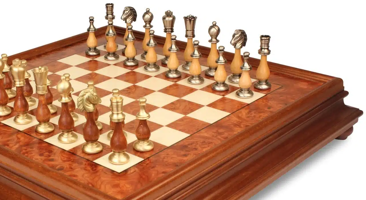 Oriental Elm Set – Standing Chess Board in Elm Wood with Storage Drawer & Chess Set in Solid Wood and Brass - Image 5