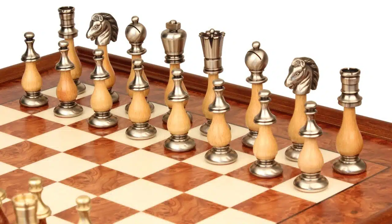 Oriental Elm Set – Standing Chess Board in Elm Wood with Storage Drawer & Chess Set in Solid Wood and Brass - Image 8