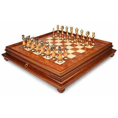 Oriental Elm chess set: elm wood board on stand with storage drawer, brass pieces