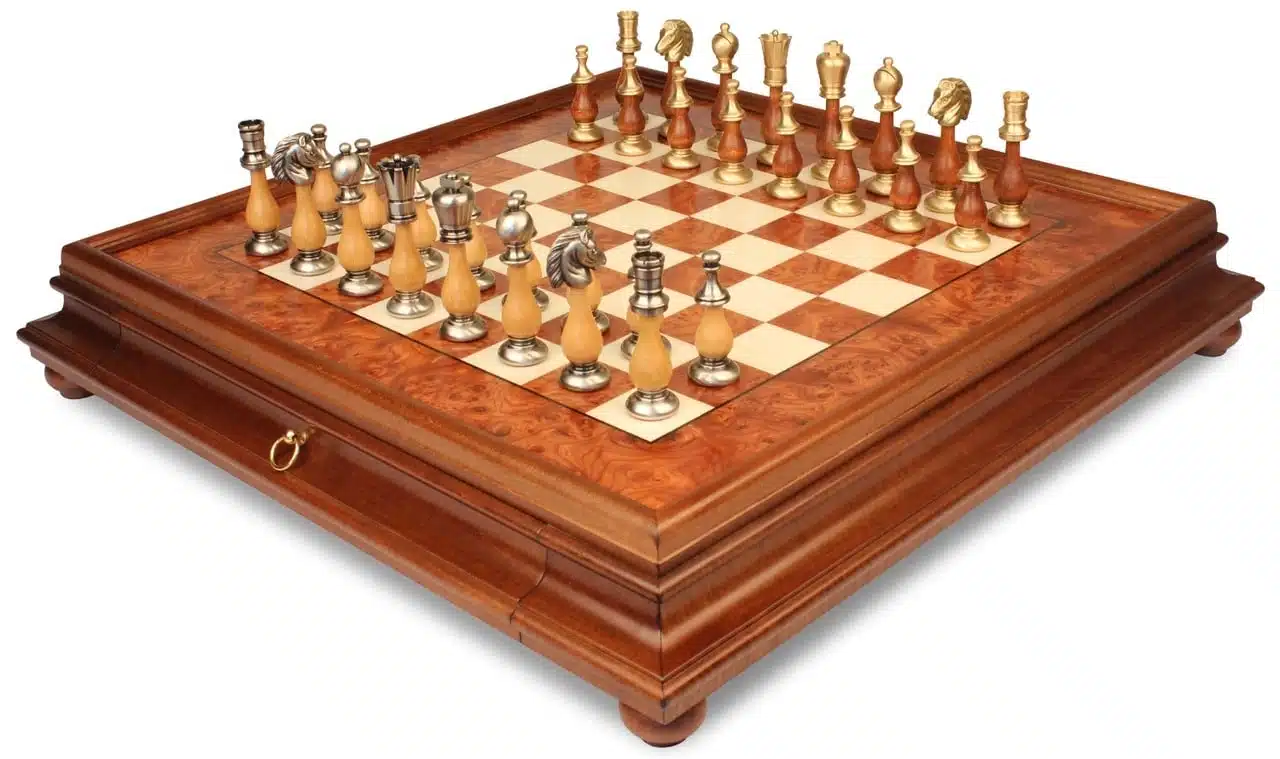 Oriental Elm Set – Standing Chess Board in Elm Wood with Storage Drawer & Chess Set in Solid Wood and Brass