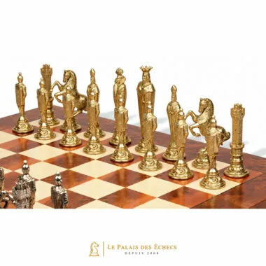 Gold Florentine Renaissance pieces, kings, queens and knights seen close up on the board