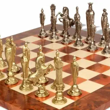 Florentine Renaissance Elm and Briar Wood Chess Board & Metal Chess Set