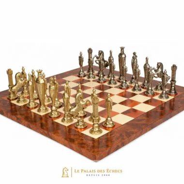 Complete Florentine Renaissance chess set, gold and silver metal pieces on a burr wood board