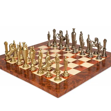 Complete Florentine Renaissance chess set, gold and silver metal pieces on a burr wood board