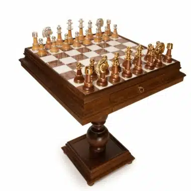 Luxury Staunton Table and Chess Set in Beechwood and Carrara Marble and Alabaster & Solid Wood and Solid Brass Plated with Gold and Silver