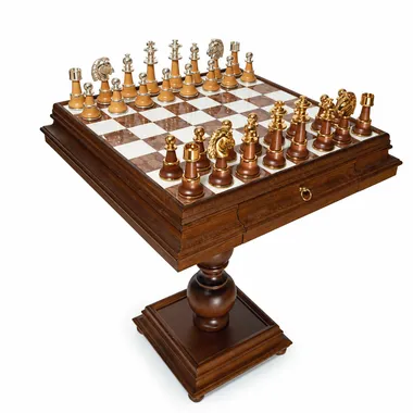 Pedestal chess table with turned base, marble chessboard and gold-silver pieces