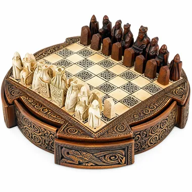 Isle of Lewis resin travel chess set, pieces arranged on the round board