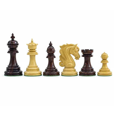 Chess pieces «Porte du Roi» in rosewood lined up on a white background