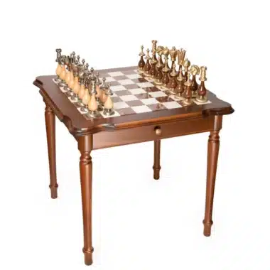 Giant Oriental Premium Set II Wooden, Tuscan Alabaster and Carrara Marble Table & Solid Wood and Brass Chess Set
