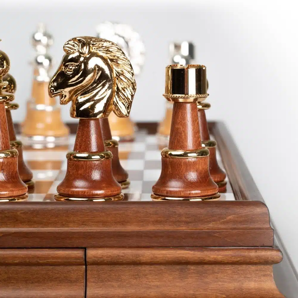 Staunton XL III Chess Set with Wooden Pedestal Chess Board, Tuscan Alabaster Top & Storage Drawer, and Wood and Gold & Silver-Plated Brass Chess Pieces - Image 9