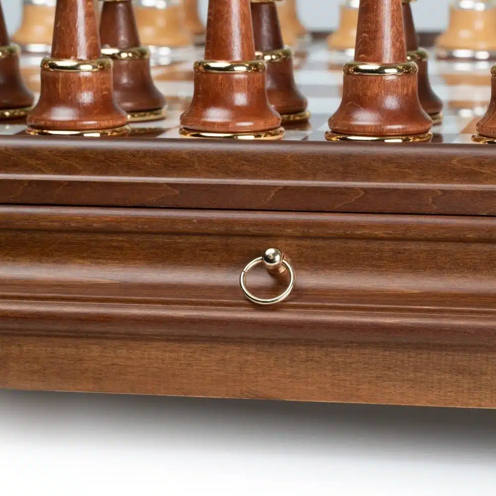 Staunton XL III Chess Set with Wooden Pedestal Chess Board, Tuscan Alabaster Top & Storage Drawer, and Wood and Gold & Silver-Plated Brass Chess Pieces - Image 18