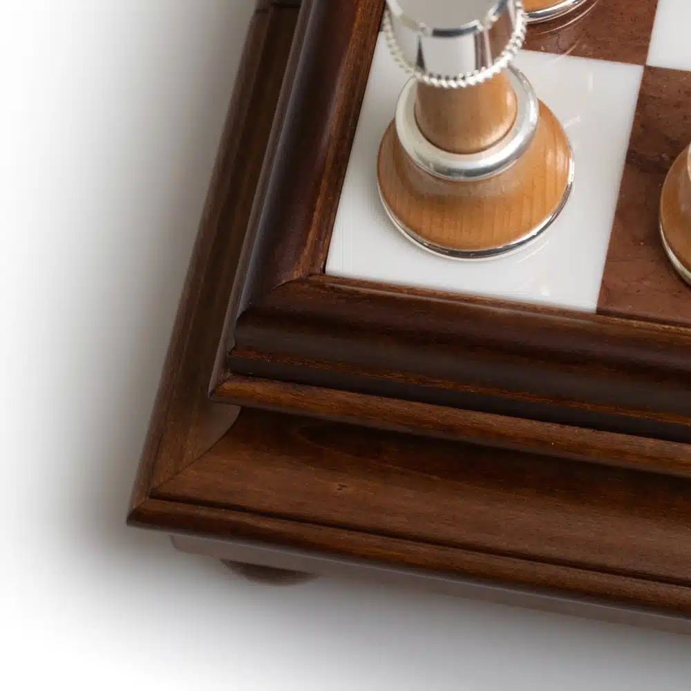 Staunton XL III Chess Set with Wooden Pedestal Chess Board, Tuscan Alabaster Top & Storage Drawer, and Wood and Gold & Silver-Plated Brass Chess Pieces - Image 15
