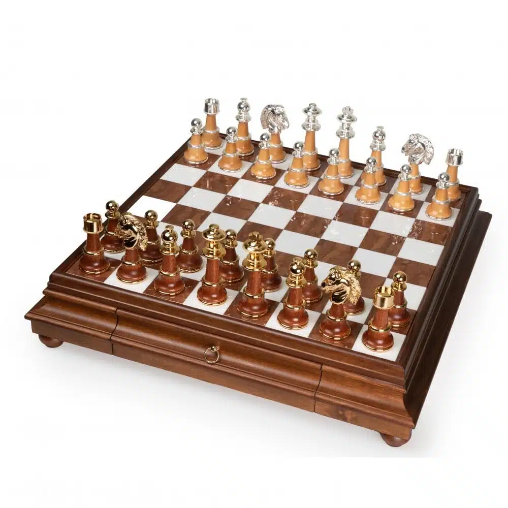 Staunton XL III Chess Set with Wooden Pedestal Chess Board, Tuscan Alabaster Top & Storage Drawer, and Wood and Gold & Silver-Plated Brass Chess Pieces - Image 3