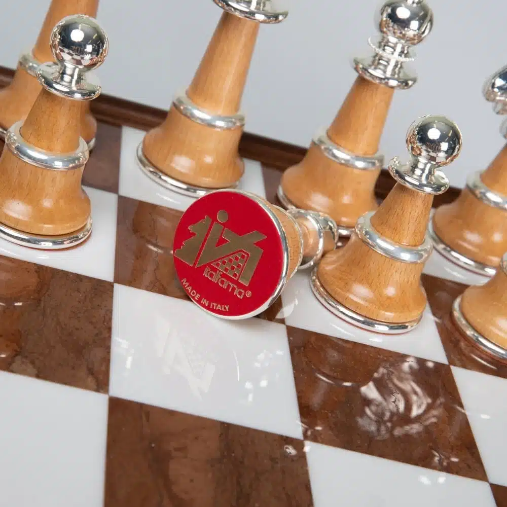 Staunton XL III Chess Set with Wooden Pedestal Chess Board, Tuscan Alabaster Top & Storage Drawer, and Wood and Gold & Silver-Plated Brass Chess Pieces - Image 14