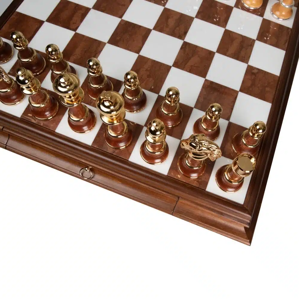Staunton XL III Chess Set with Wooden Pedestal Chess Board, Tuscan Alabaster Top & Storage Drawer, and Wood and Gold & Silver-Plated Brass Chess Pieces - Image 17