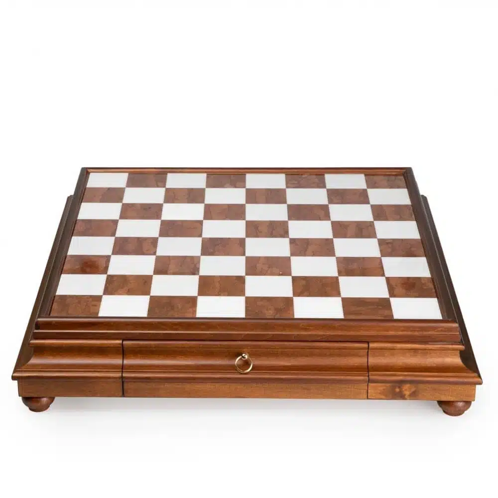 Staunton XL III Chess Set with Wooden Pedestal Chess Board, Tuscan Alabaster Top & Storage Drawer, and Wood and Gold & Silver-Plated Brass Chess Pieces - Image 23
