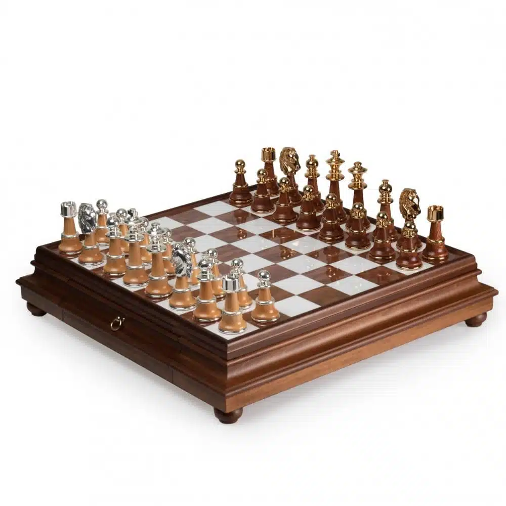 Staunton XL III Chess Set with Wooden Pedestal Chess Board, Tuscan Alabaster Top & Storage Drawer, and Wood and Gold & Silver-Plated Brass Chess Pieces - Image 4