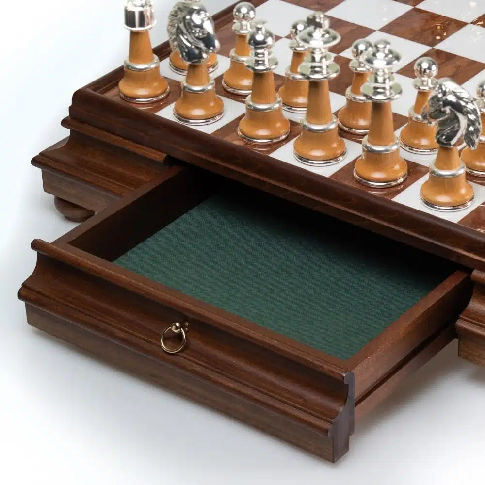 Staunton XL III Chess Set with Wooden Pedestal Chess Board, Tuscan Alabaster Top & Storage Drawer, and Wood and Gold & Silver-Plated Brass Chess Pieces - Image 2