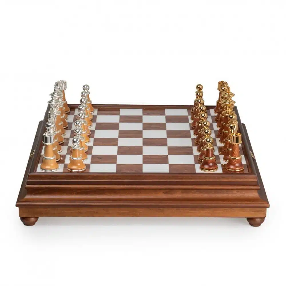 Staunton XL III Chess Set with Wooden Pedestal Chess Board, Tuscan Alabaster Top & Storage Drawer, and Wood and Gold & Silver-Plated Brass Chess Pieces - Image 5