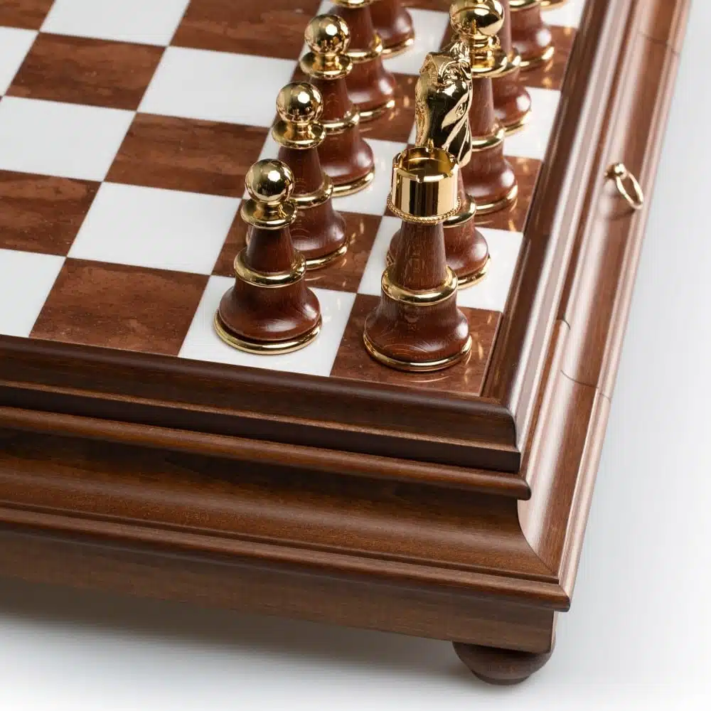 Staunton XL III Chess Set with Wooden Pedestal Chess Board, Tuscan Alabaster Top & Storage Drawer, and Wood and Gold & Silver-Plated Brass Chess Pieces - Image 12