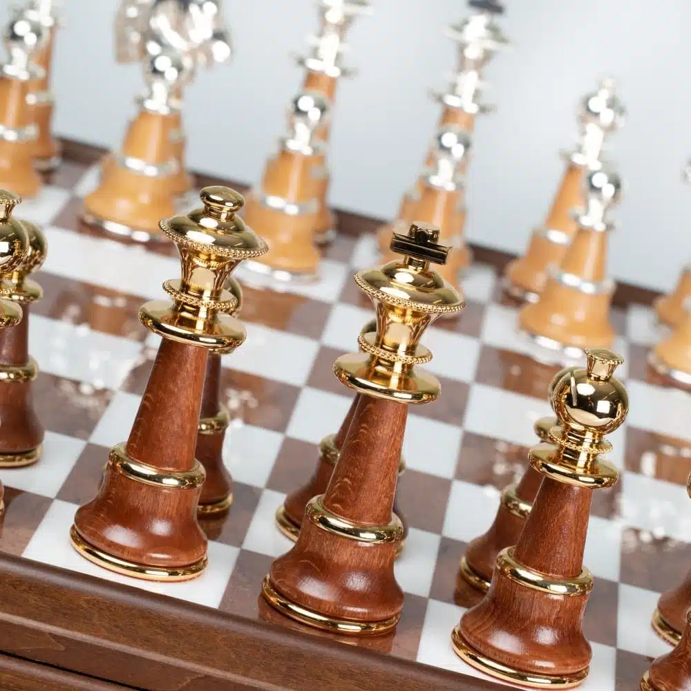 Staunton XL III Chess Set with Wooden Pedestal Chess Board, Tuscan Alabaster Top & Storage Drawer, and Wood and Gold & Silver-Plated Brass Chess Pieces - Image 6