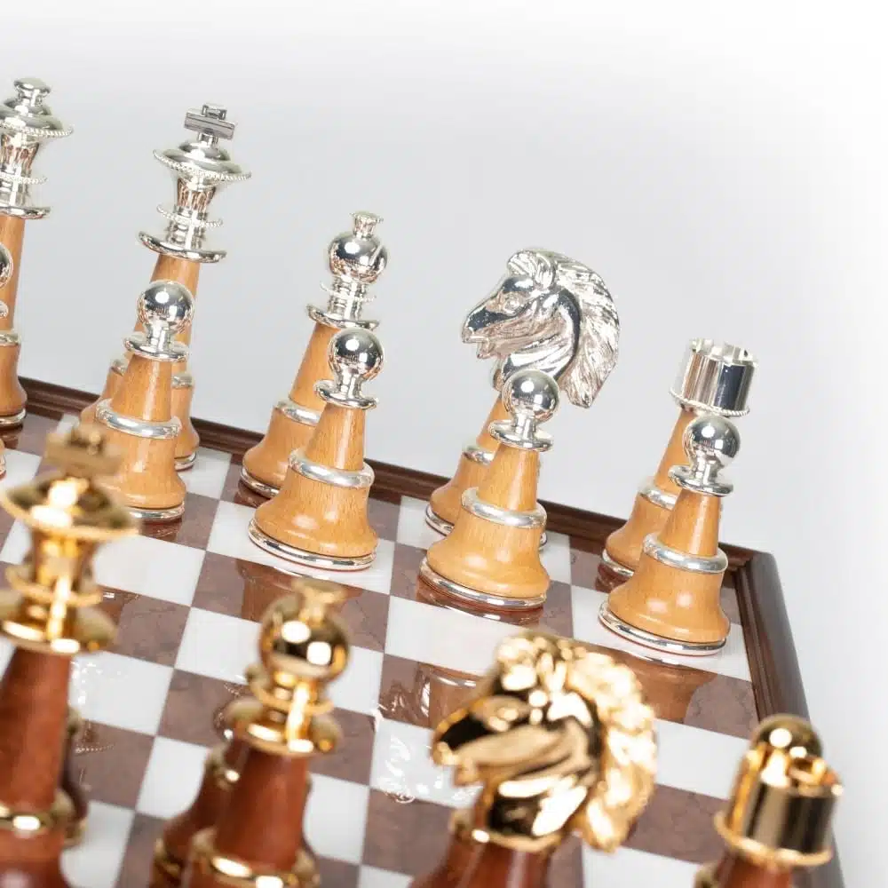 Staunton XL III Chess Set with Wooden Pedestal Chess Board, Tuscan Alabaster Top & Storage Drawer, and Wood and Gold & Silver-Plated Brass Chess Pieces - Image 7