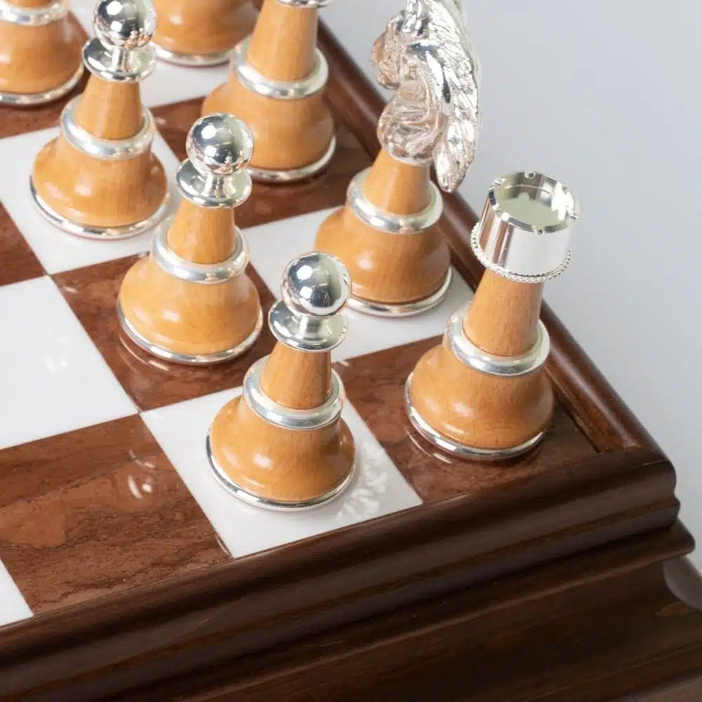 Staunton XL III Chess Set with Wooden Pedestal Chess Board, Tuscan Alabaster Top & Storage Drawer, and Wood and Gold & Silver-Plated Brass Chess Pieces - Image 8