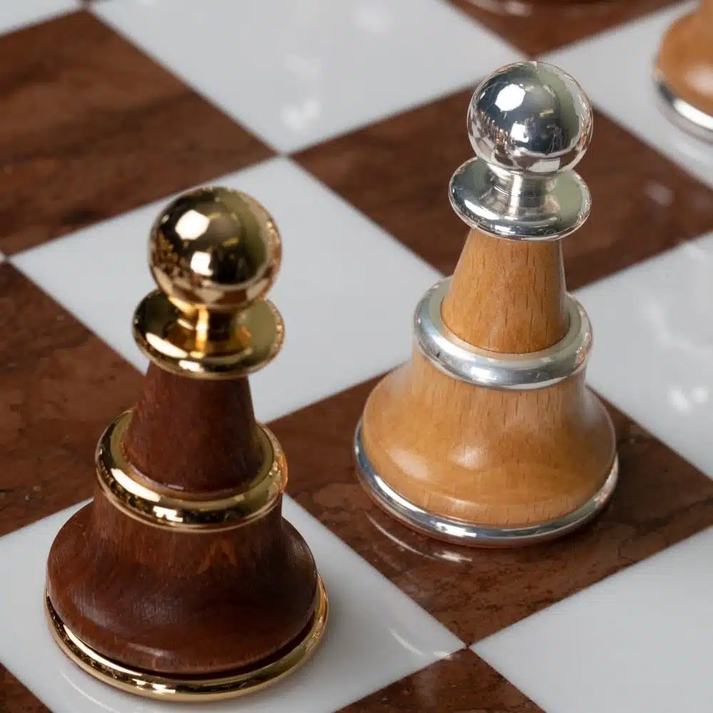 Staunton XL III Chess Set with Wooden Pedestal Chess Board, Tuscan Alabaster Top & Storage Drawer, and Wood and Gold & Silver-Plated Brass Chess Pieces - Image 10