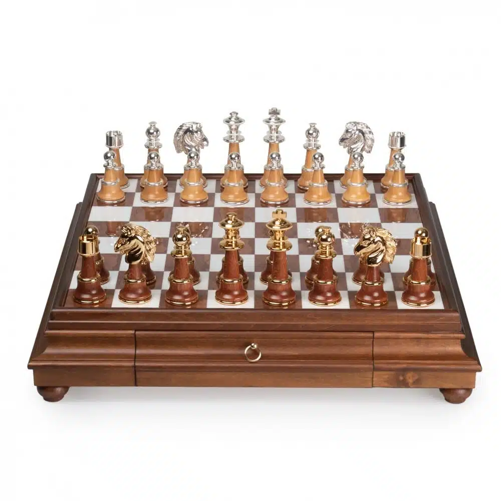 Staunton XL III Chess Set with Wooden Pedestal Chess Board, Tuscan Alabaster Top & Storage Drawer, and Wood and Gold & Silver-Plated Brass Chess Pieces